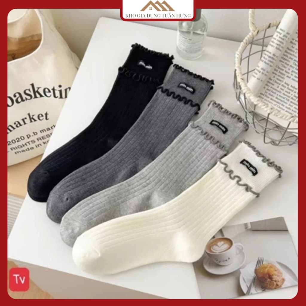 Set Tất Cotton Thêu Chữ Miu Miu, Vớ Cổ Cao Co Giãn 4 Chiều Phong Cách Ulzzang Hàn Quốc