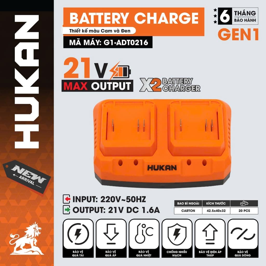 [1.6A] Sạc bàn đôi HUKAN G1-ADT0216, Công suất 1.6A, Sạc Chân pin phổ thông - Bảo vệ quá dòng