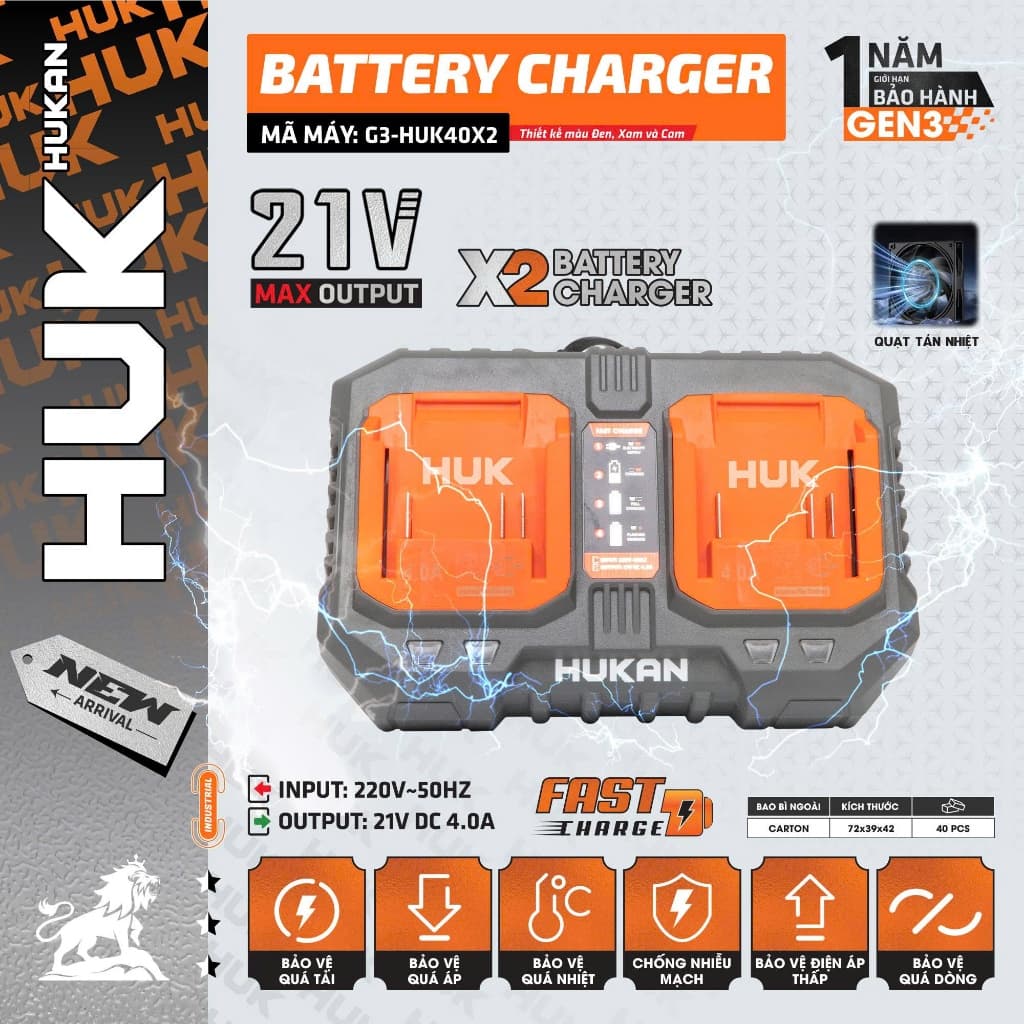 [4.0A] Sạc đôi nhanh HUKAN G3-HUK40X2, Công suất 4.0A, Có quạt tản nhiệt, Sạc pin chân phổ thông