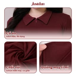 [Mở Bán] Áo Thun Nữ JUSTDUN 13A - Tay Dài, Ôm Body, Cổ Bẻ Phối Khóa Kéo, Dáng Vạt Bầu, Cotton Mịn 2