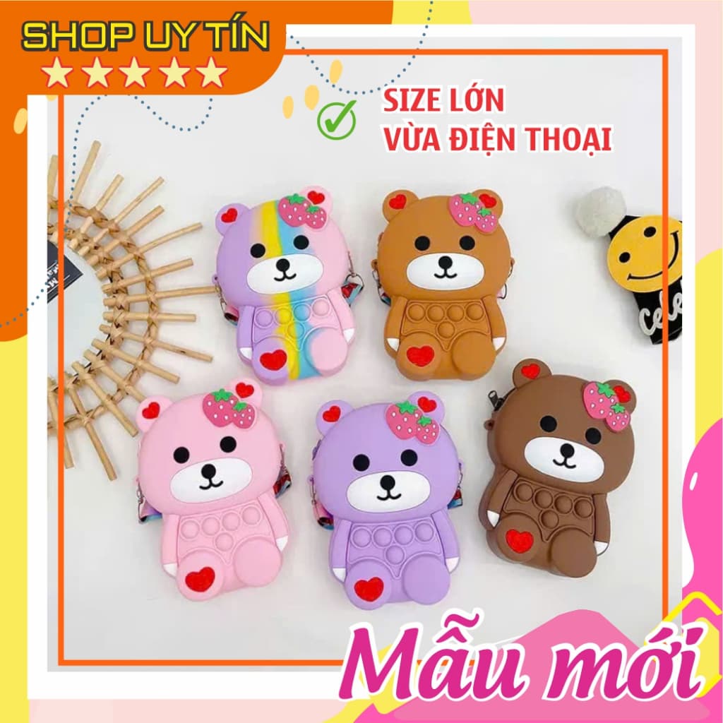 Túi đeo chéo silicon lớn hình gấu dâu bong bóng popit thời trang làm quà tặng bạn gái đựng bao lì xì