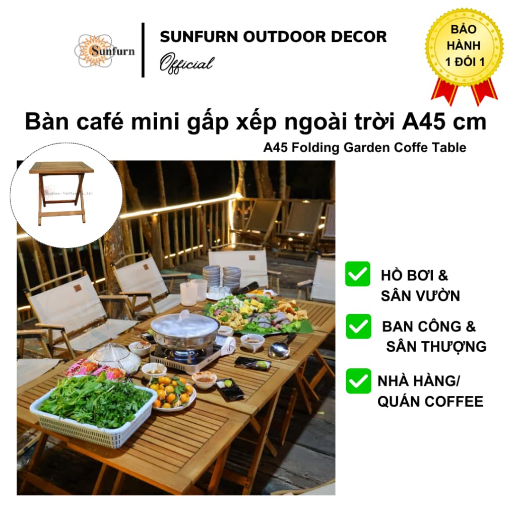 Bàn Gỗ Gấp Gọn Ngoài Trời Sunfurn A45 (Gỗ Tràm Phủ PU Mịn) - Chống Nước, Không Mối Mọt,BH 1 đổi 1 lỗi NSX