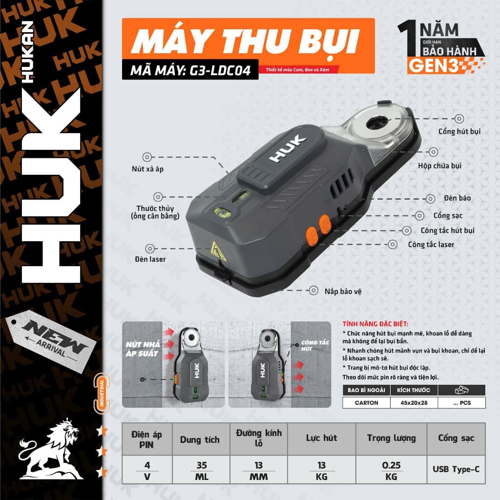 Máy gom bụi dính tường cho máy khoan HUKAN G3-LDC04, Đường kính khoan 13mm, Lực hút 13kg - Chứa 35ml
