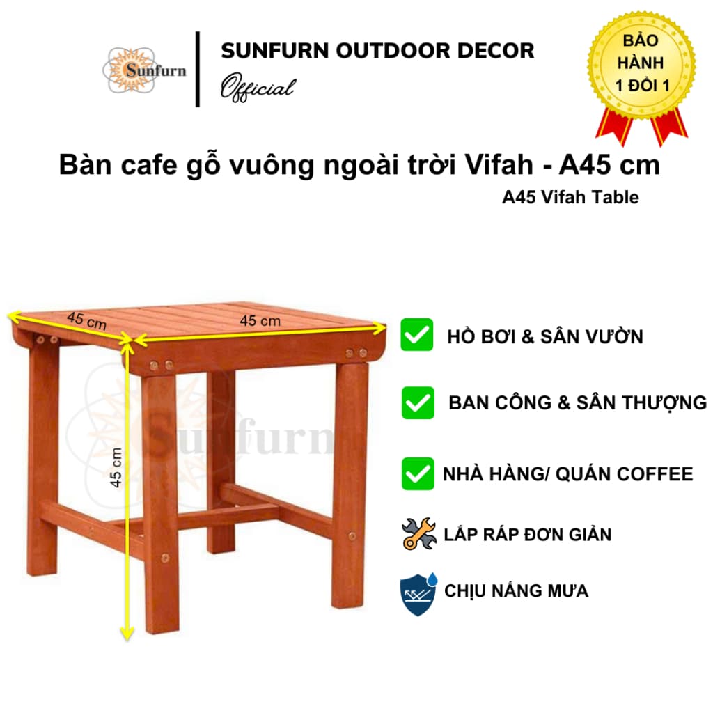 Bàn Gỗ Cafe Vuông Ngoài Trời Vifah 45cm (Gỗ Bạch Đàn Xuất Mỹ) - Chống Mối Mọt, Lau dầu, Màu Hồng Gỗ (Bảo Hành 1 Đổi 1)