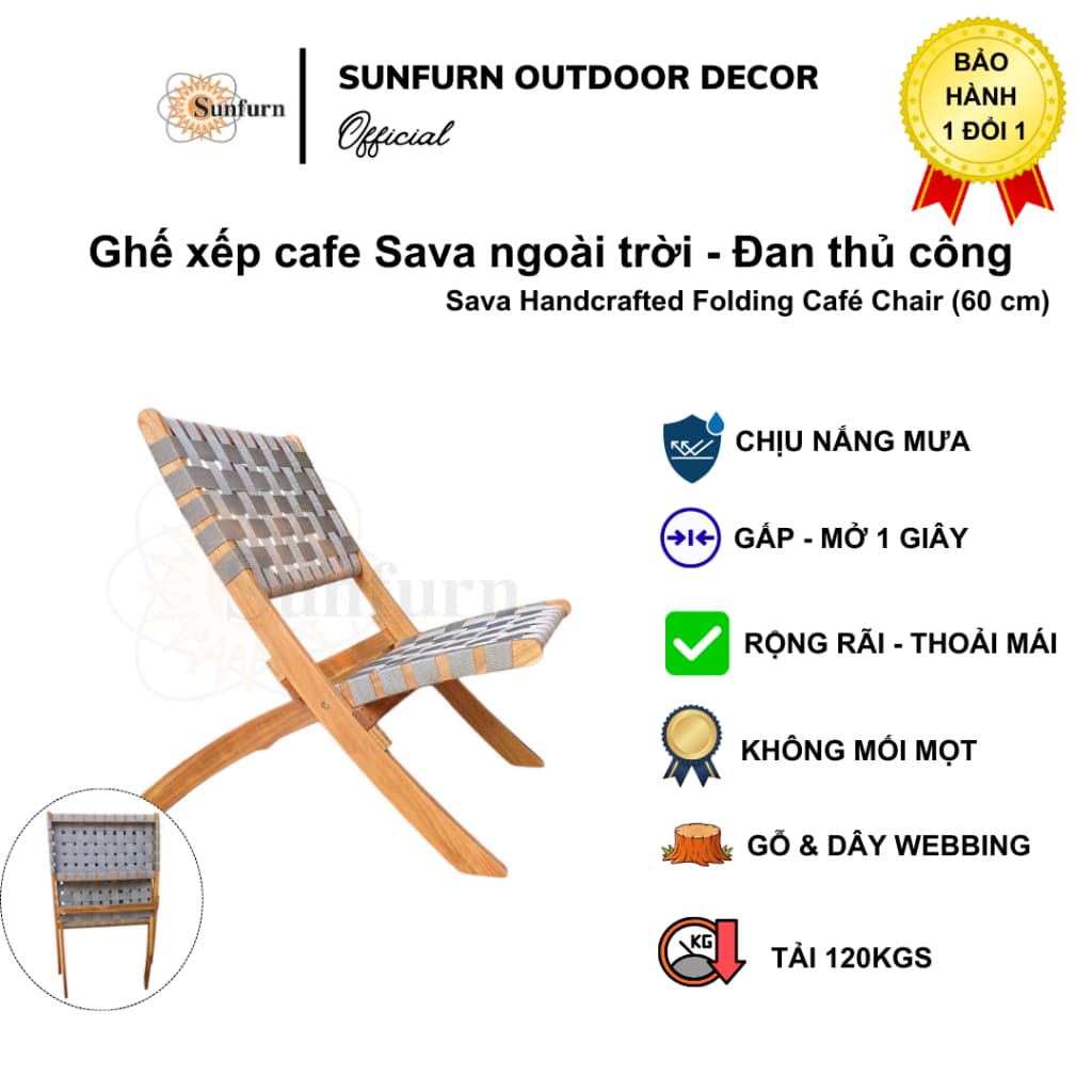 Ghế Xếp Thư Giãn Sunfurn Sava (Gỗ Tràm Đan Dây Webbing) - Chống Nước, chống bám bụi, Chịu Tải 120kg (Bảo Hành 1 Đổi 1)