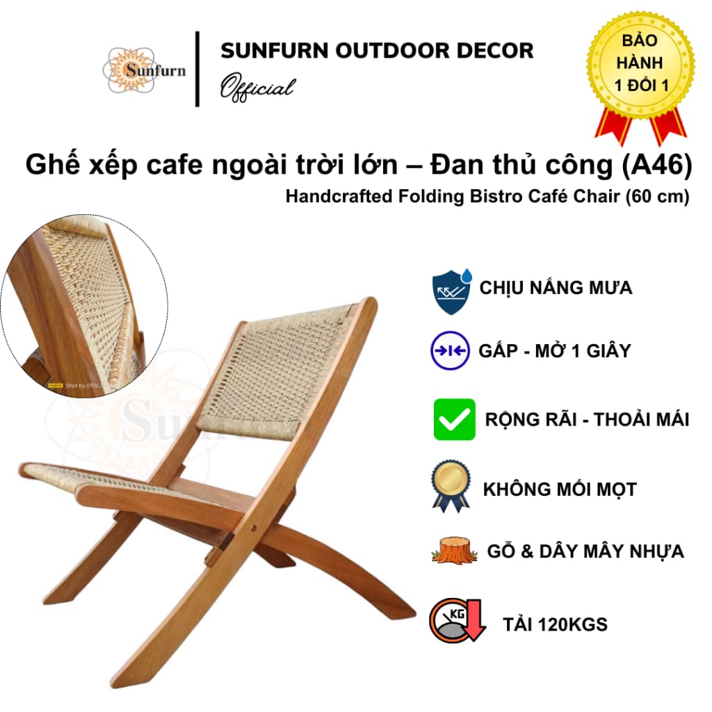 Ghế Cafe Gỗ Xếp Sunfurn A60 (Mây Tròn Đan Mới 100%) - Mẫu Hot Liên Tục Cháy Hàng (Bảo Hành 1 Đổi 1)