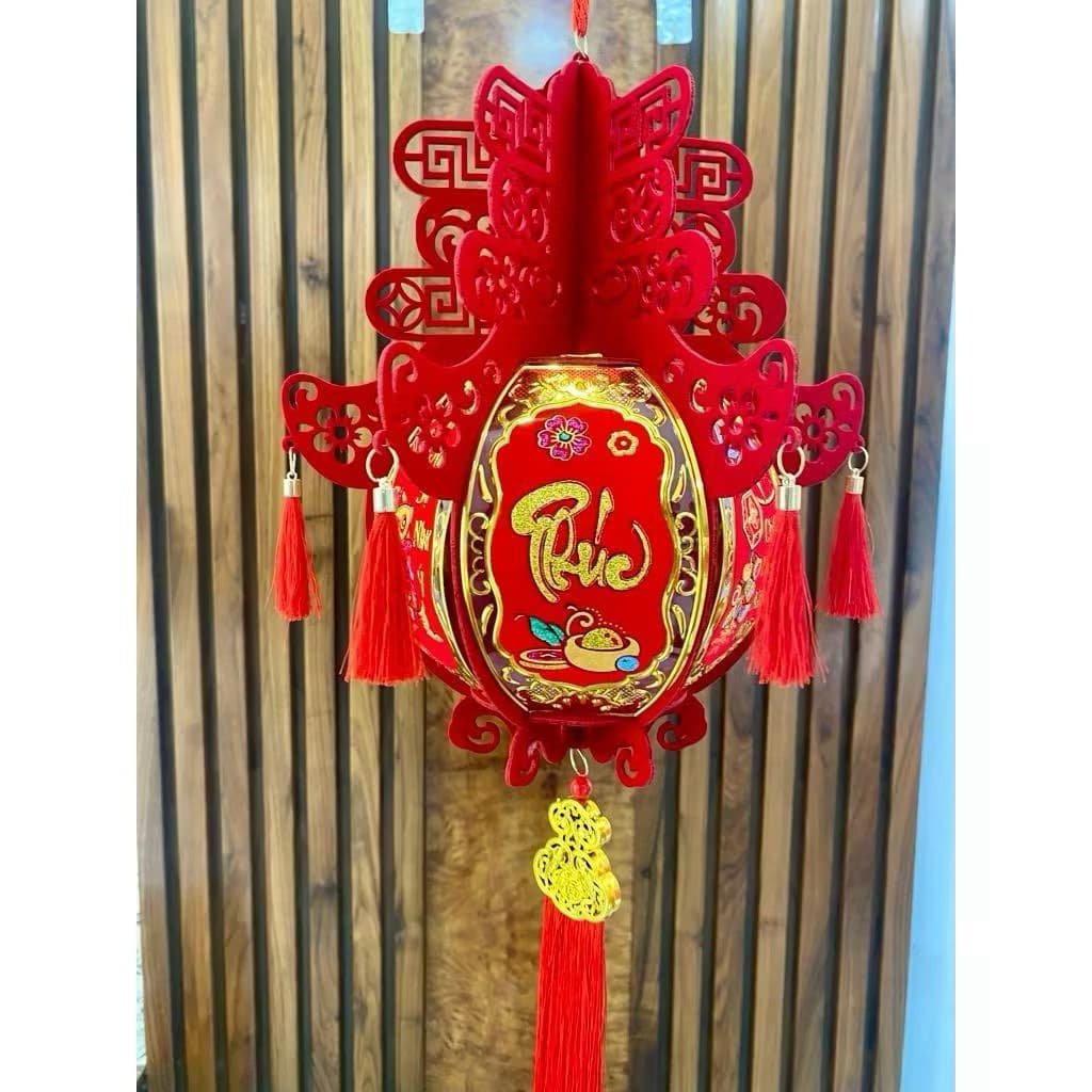 [Tết 2026] Đèn Lồng Ghép Cầu Pin Nhung Họa Tết In 6 Mặt Mẫu Mới Tết 2026