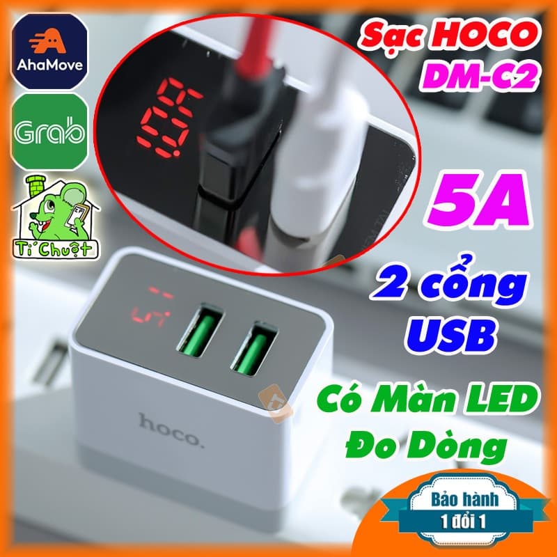 [FULLBOX] Sạc 2 cổng USB-A Max 5A HOCO DM-C2 Chính Hãng có Màn Hình LED Đo Test Dòng Áp Sạc 2 Máy Cùng Lúc