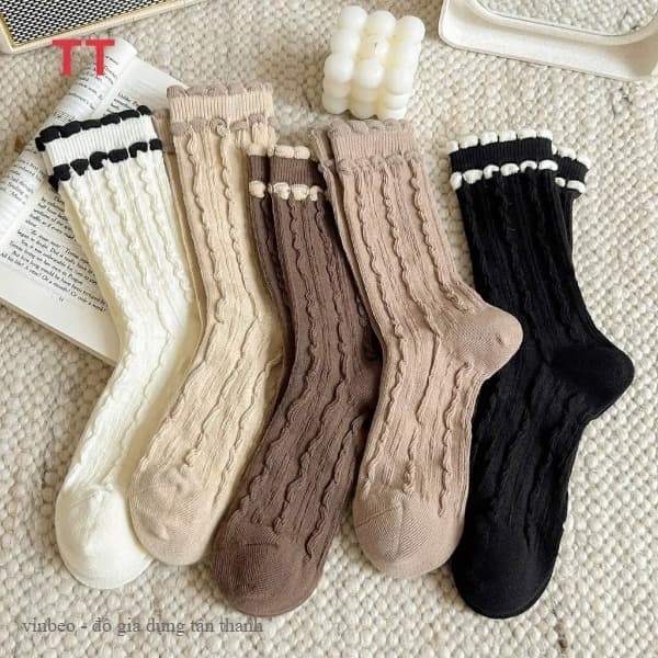 Tất Thu Đông, Sét 10 Đôi Tất Cotton Ren 2 Lớp VINBEO