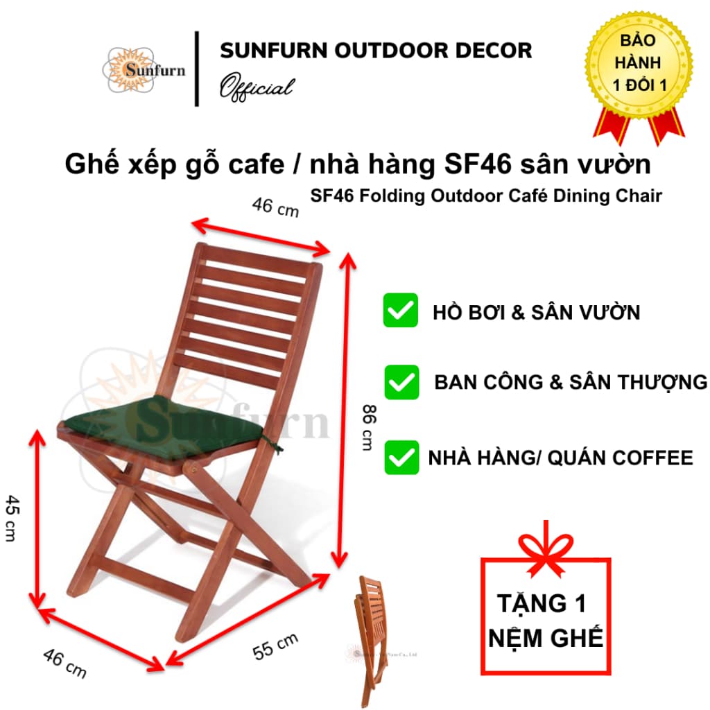 COMBO 2 Ghế Xếp Gỗ SUNFURN SF46 (TẶNG KÈM NỆM MÀU XANH LÁ) - Gỗ Bạch Đàn Nam Phi NK, dùng Cho Sân Vườn, Cafe, Ban Công
