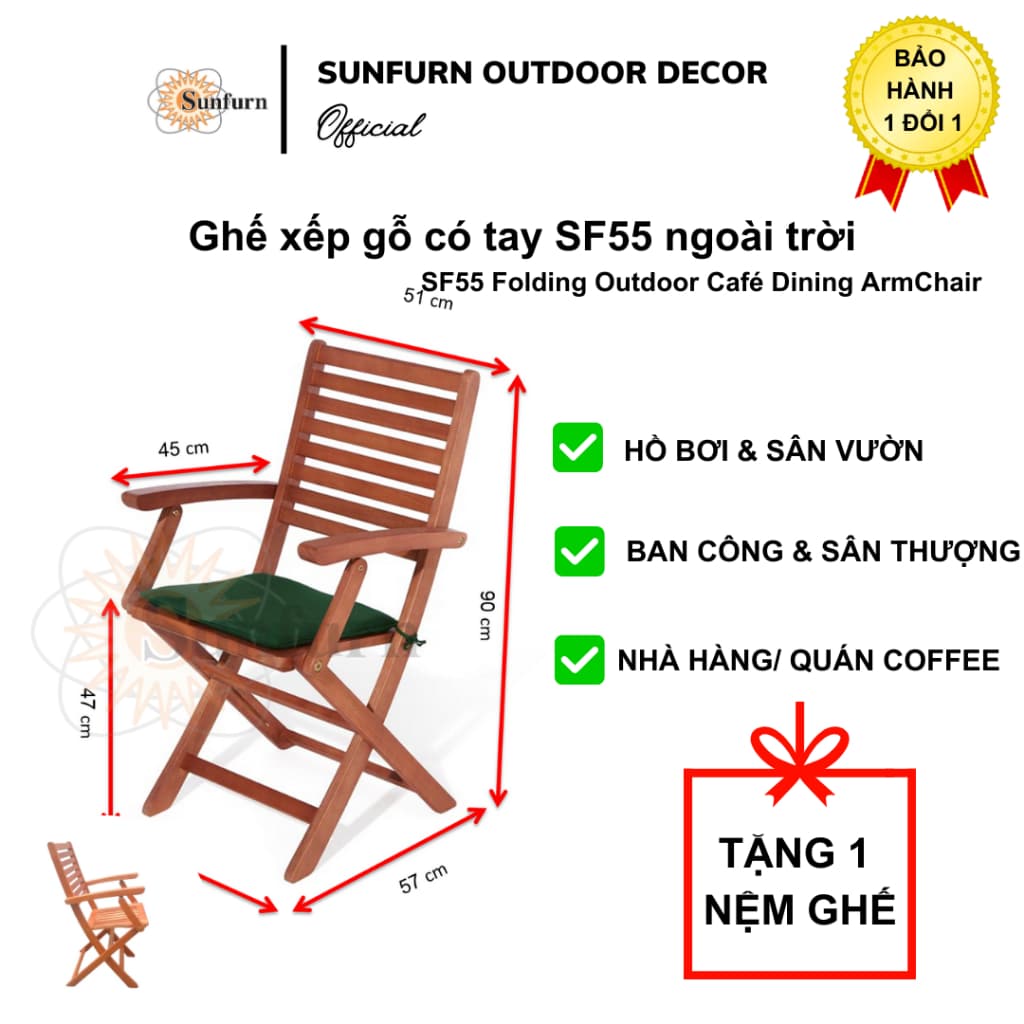Combo 2 Ghế Xếp Gỗ Có Tay SUNFURN SF55 - Gỗ Bạch Đàn Nam Phi Cao Cấp, Chịu Nắng Mưa, Gấp Gọn (Sân Vườn, Cafe, Ban Công)