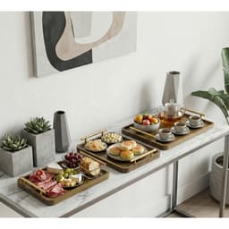 Khay Gỗ Tre Tự Nhiên Tay Cầm Kim Loại Mạ Vàng - Khay Trà, Decor Bánh Ngọt, Chụp Ảnh Sang Trọng 3