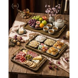 Khay Gỗ Tre Tự Nhiên Tay Cầm Kim Loại Mạ Vàng - Khay Trà, Decor Bánh Ngọt, Chụp Ảnh Sang Trọng 2