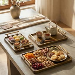 Khay Gỗ Tre Tự Nhiên Tay Cầm Kim Loại Mạ Vàng - Khay Trà, Decor Bánh Ngọt, Chụp Ảnh Sang Trọng 1