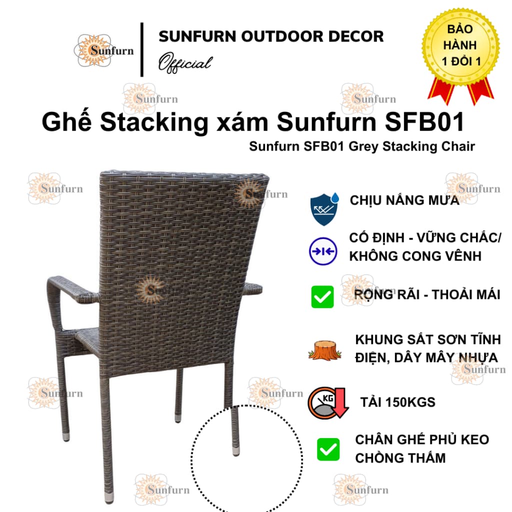 Set 6 Ghế Mây Nhựa Xếp Chồng (Stacking) SUNFURN - Khung Sắt Sơn Tĩnh Điện Chống Gỉ (Sân vườn, Homestay, Bãi biển, Resort