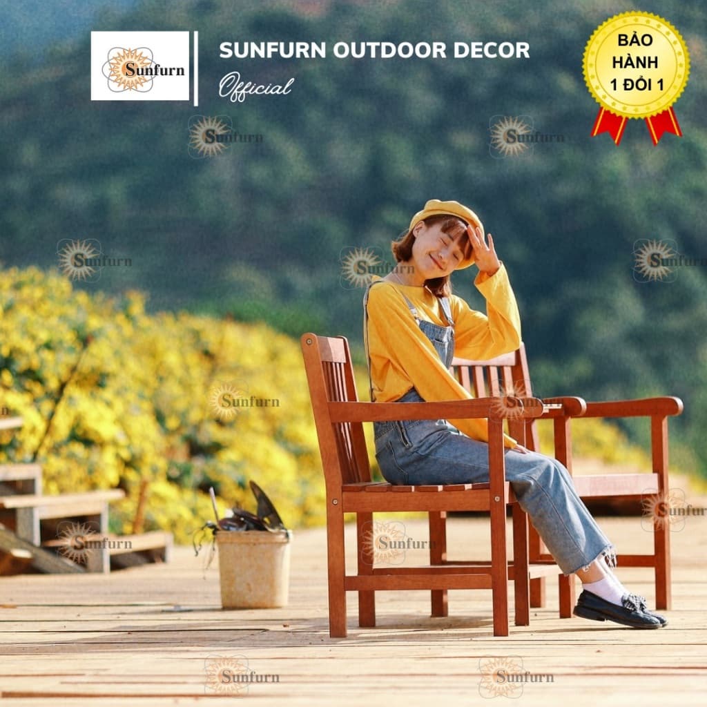 Ghế Loveseat Bench SUNFURN - Ghế Đôi Sân Vườn Có Bàn Giữa & Lỗ Cắm Dù, Gỗ Bạch Đàn Nam Phi Cao Cấp (Dài 1m76)
