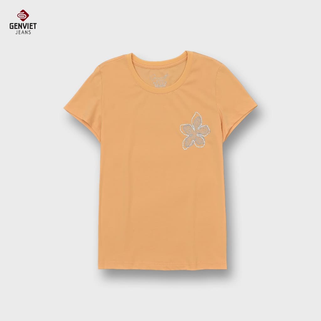 Áo Phông Nữ GENVIET JEANS Cổ Tròn Chất Cotton Đính Ngọc Hoa Form Suông Vừa 8916