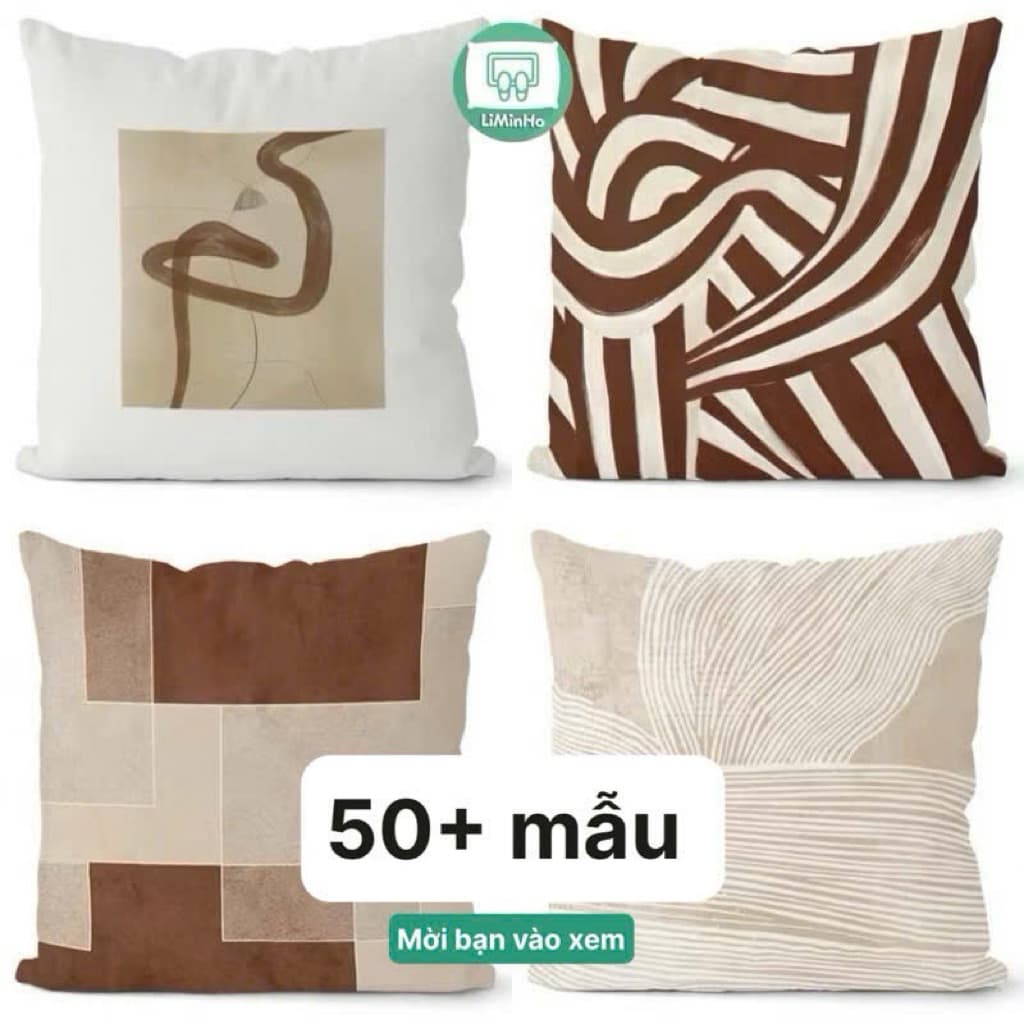Gối tựa lưng sofa, tựa lưng phòng khách họa tiết WABISABI NÂU trừu tượng chất liệu nhung lông đào