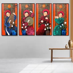 Tranh treo tường cô gái tứ bình nhạc cụ Indochine decor theo yêu cầu 50 x 100 cm 1