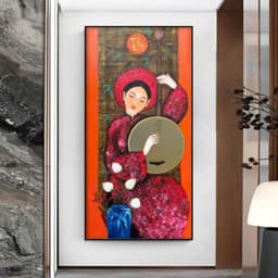 Tranh treo tường cô gái tứ bình nhạc cụ Indochine decor theo yêu cầu 50 x 100 cm 5