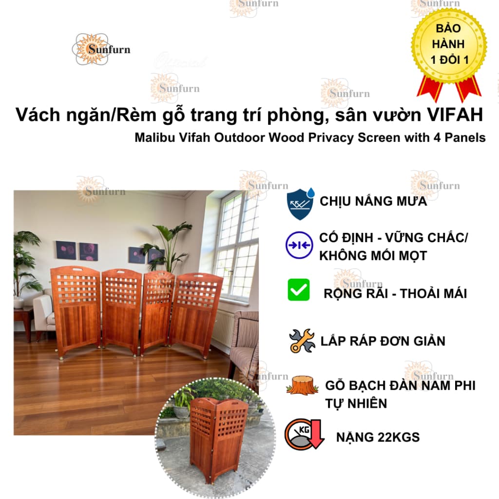 Bình Phong Gỗ Bạch Đàn Nam Phi Cao Cấp VIFAH - Vách Ngăn Trang Trí Phong Cách Trung Hoa (240x118cm) - Hàng Độc Bản 1-0-2