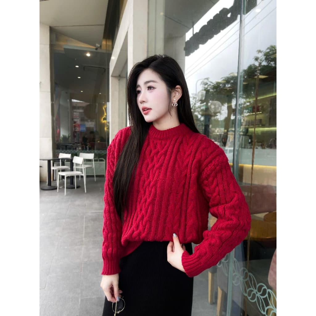 Áo len Nữ dài tay Evalover Hoạ Tiết Vặn Thừng Cổ Tròn Form Áo Free Size Co Giãn, chất len dầy dặn M905