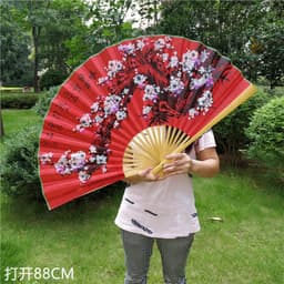 Hỏa tốc- Quạt trang trí treo tường cỡ lớn, Quạt giấy trang trí tường khổng lồ hình hoa đào đỏ 3