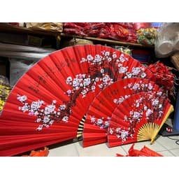 Hỏa tốc- Quạt trang trí treo tường cỡ lớn, Quạt giấy trang trí tường khổng lồ hình hoa đào đỏ 7