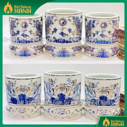 Bát hương họa tiết sen, rồng vẽ vàng 24K Bát Tràng cao cấp - Lư hương, Bát nhang men lam vẽ vàng hàng Bát Tràng 1