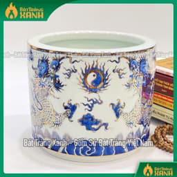 Bát hương họa tiết sen, rồng vẽ vàng 24K Bát Tràng cao cấp - Lư hương, Bát nhang men lam vẽ vàng hàng Bát Tràng 4