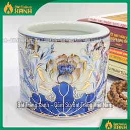 Bát hương họa tiết sen, rồng vẽ vàng 24K Bát Tràng cao cấp - Lư hương, Bát nhang men lam vẽ vàng hàng Bát Tràng 3
