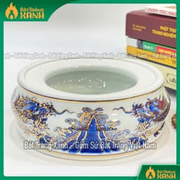 Bát hương họa tiết sen, rồng vẽ vàng 24K Bát Tràng cao cấp - Lư hương, Bát nhang men lam vẽ vàng hàng Bát Tràng 7