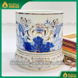 Bát hương họa tiết sen, rồng vẽ vàng 24K Bát Tràng cao cấp - Lư hương, Bát nhang men lam vẽ vàng hàng Bát Tràng 5