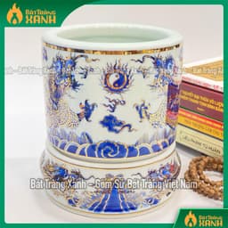 Bát hương họa tiết sen, rồng vẽ vàng 24K Bát Tràng cao cấp - Lư hương, Bát nhang men lam vẽ vàng hàng Bát Tràng 2