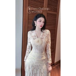 XUKADRESS_Váy ren dài dự tiệc, váy ren kem sang chảnh đính hoa 3
