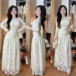 XUKADRESS_Váy ren dài dự tiệc, váy ren kem sang chảnh đính hoa 2