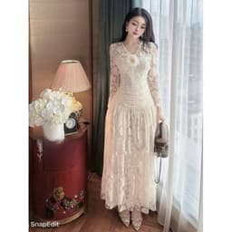 XUKADRESS_Váy ren dài dự tiệc, váy ren kem sang chảnh đính hoa 6