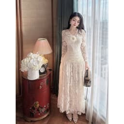 XUKADRESS_Váy ren dài dự tiệc, váy ren kem sang chảnh đính hoa 8