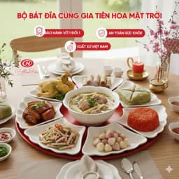 Bộ bát đĩa cúng gia tiên hoa mặt trời Sứ Minh Châu cao cấp - Họa tiết hoa sen cá chép đỏ (Hoa 57) 3