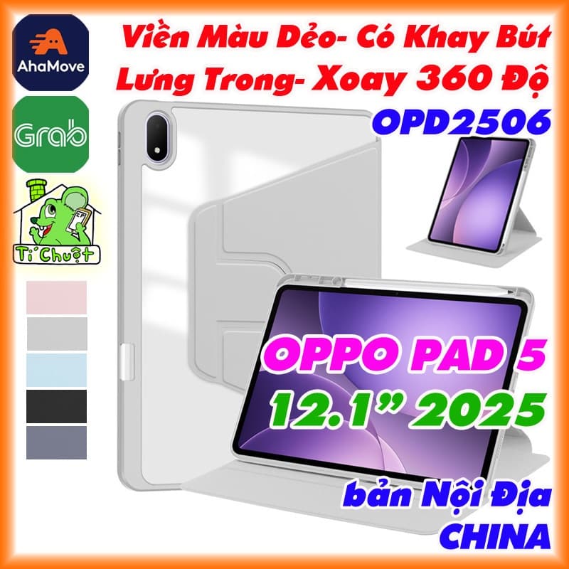 [Cho Máy Nội Địa CHINA] Bao Da MTB OPPO PAD 5 12.1" 2025 OPD2506 Dimensity 9400+ Xoay 360 Độ Lưng Trong Suốt Viền Dẻo