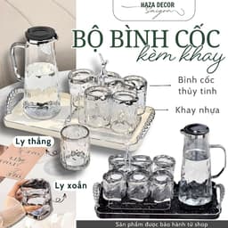 Bộ Bình Cốc Thủy Tinh Chịu Nhiệt 1.8L Kèm 6 Ly 300ML, Bình Nước Nắp Inox, Họa Tiết Nổi Sang Trọng Dùng Gia Đình 1