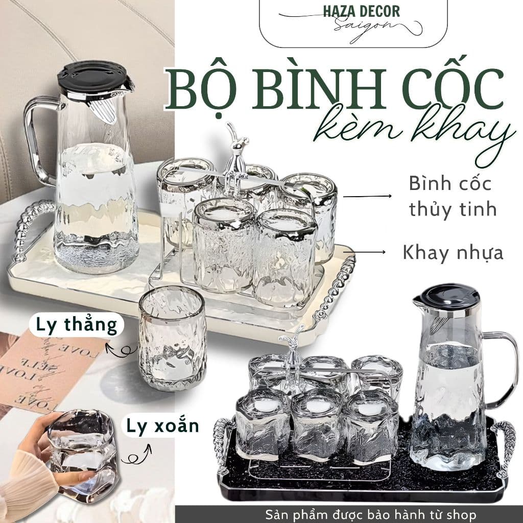 Bộ Bình Cốc Thủy Tinh Chịu Nhiệt 1.8L Kèm 6 Ly 300ML, Bình Nước Nắp Inox, Họa Tiết Nổi Sang Trọng Dùng Gia Đình
