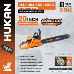 Máy cưa xích xăng HUKAN G2-CXX2002, Lam xích 20inch, Động cơ 2 thì 58CC - 2.4KW, Tốc độ 11.500v/p 2