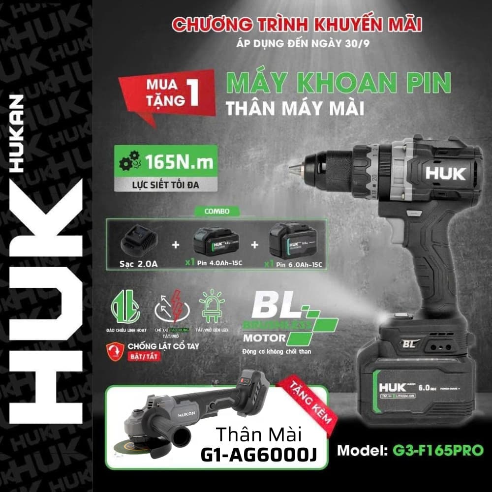 [TOP 1 BÁN CHẠY] Máy Khoan Pin HUKAN G3-F165AT, Lực siết 165Nm, Có Tạo Xung - Tắt Mở Anti_kichback