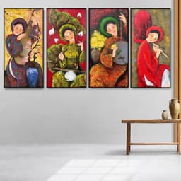 Tranh treo tường cô gái tứ bình nhạc cụ Indochine decor theo yêu cầu 50 x 100 cm 2