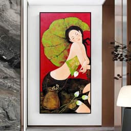 Tranh treo tường cô gái và hoa sen khổ dọc decor khách sạn decor theo yêu cầu 50 x 100 cm 1