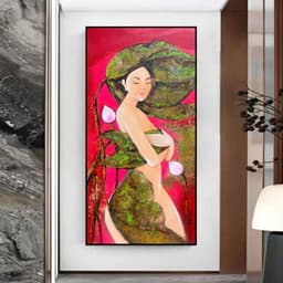 Tranh treo tường cô gái và hoa sen khổ dọc decor khách sạn decor theo yêu cầu 50 x 100 cm 2