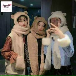 Mũ lông tai gấu kèm khăn quàng cổ bao tay 3 trong 1 ấm áp 4