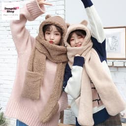 Mũ lông tai gấu kèm khăn quàng cổ bao tay 3 trong 1 ấm áp 3