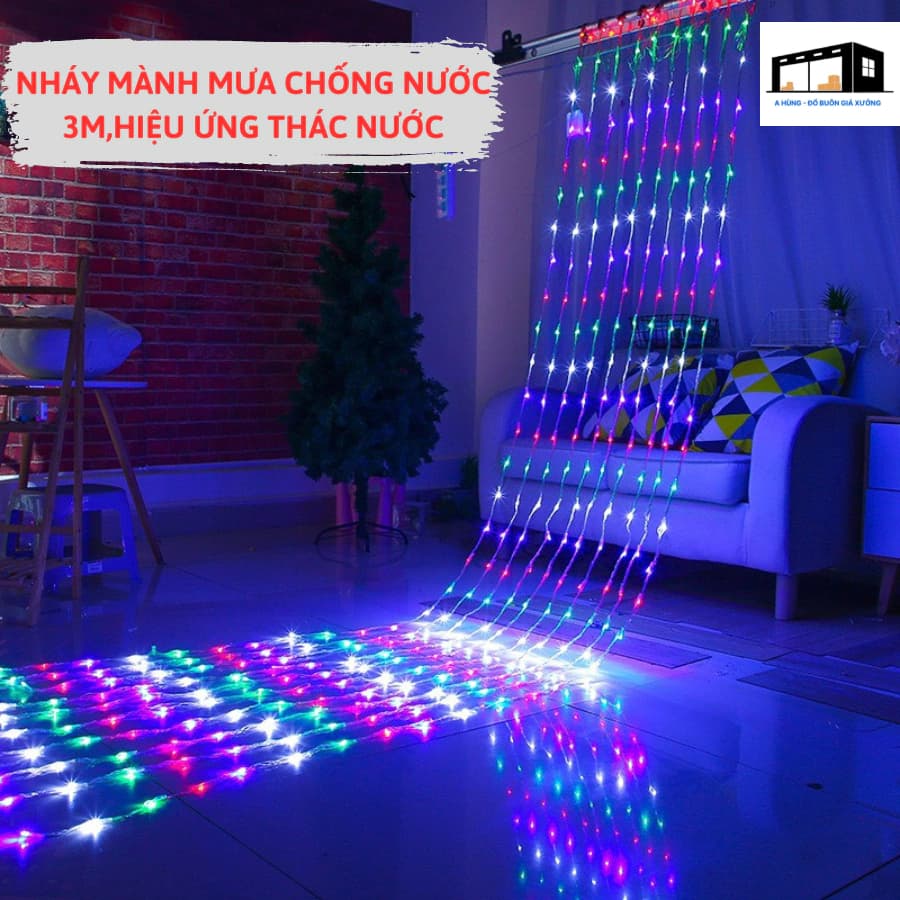 Đèn rèm Mành Mưa 3M*2M thả 10 Sợi hiệu ứng thác nước mưa rơi